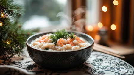 A side view of a bowl of shrimp rice porridge with steam rising, set on a patterned tablecloth, conveying a cozy and inviting meal atmosphereの素材