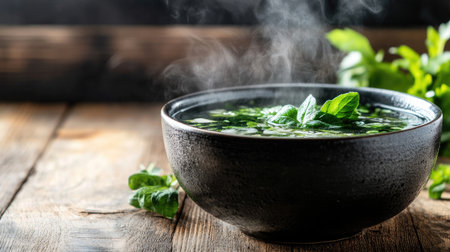 A steaming bowl of shabu broth on a wooden table, with fresh herbs and spices ready to be added, creating a tantalizing and aromatic experience for dinersの素材