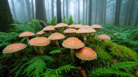 A serene woodland scene featuring clusters of mushrooms with dew, surrounded by ferns and moss, illustrating the enchanting atmosphere of a damp forestの素材