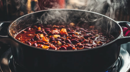 A steaming pot of chili on the stove, with spices and beans visible, inviting viewers to imagine the rich flavors and warmth of a homemade mealの素材