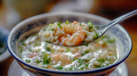 A spoonful of shrimp rice porridge hovering over a bowl, with droplets of broth glistening in the light, emphasizing the dish's delicious textureの素材