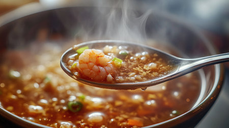 A spoonful of shrimp rice porridge hovering over a bowl, with droplets of broth glistening in the light, emphasizing the dish's delicious textureの素材