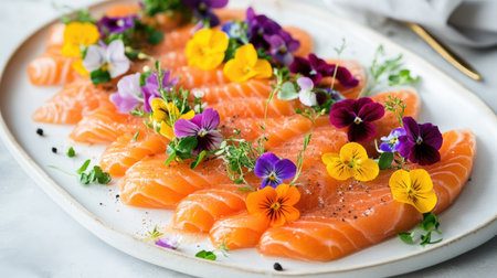 A stunning platter of marinated salmon garnished with edible flowers and microgreens, emphasizing a gourmet approach to seafood presentationの素材