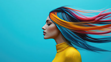 A vibrant photo of a woman with bold, colorful hair extensions styled in a dramatic fashion, highlighting the playful and creative aspects of modern hairstylesの素材