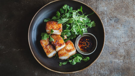 A stylish presentation of fried pork belly with a small dish of fish sauce and fresh herbs, set against a textured background for visual interestの素材