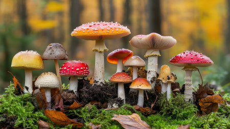 A vibrant display of mushrooms in different shapes and sizes, all adorned with sparkling dew drops, set against a blurred natural backdrop for emphasisの素材