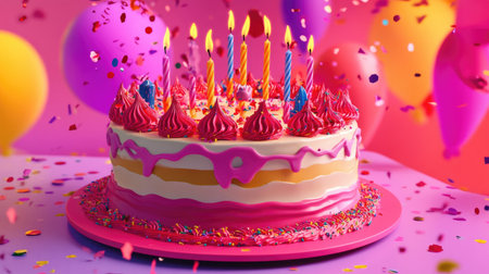 A whimsical birthday cake featuring playful decorations and bright colors, surrounded by confetti and candles, creating a festive atmosphereの素材