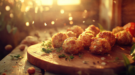 A warm and inviting image of fried meatballs displayed on a wooden cutting board, with herbs and spices scattered around, showcasing the essence of homemade snacksの素材