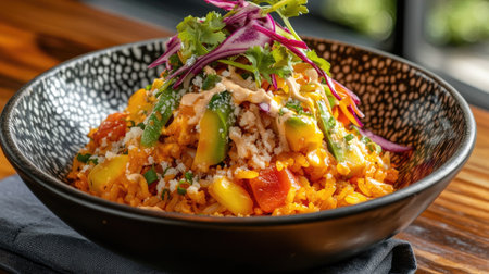 Close-up of American fried rice with a variety of vegetables, served in a deep bowl, highlighting the texture and vibrant colors of the dishの素材