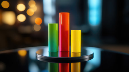 Close-up of a colorful D bar graph with varying heights on a sleek, reflective surface, showcasing growth and data visualizationの素材