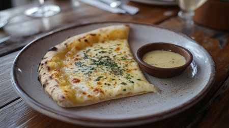 A warm slice of cheese pizza on a plate, with a side of garlic dipping sauce, set against a cozy dining backdrop, inviting the viewer to indulgeの素材