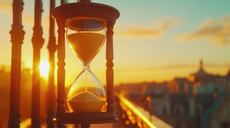 Close-up of an hourglass with golden sand against a blurred sunset background, capturing light reflections on the glassの素材