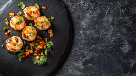 Grilled prawns served on a dark stone plate, artfully plated with coriander and chili on the side, against a neutral-toned background.の素材