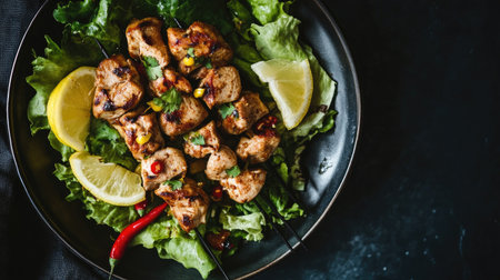 Tandoori chicken skewers with a smoky finish, resting on a bed of lettuce with lemon wedges and chili peppers for an added pop of colorの素材