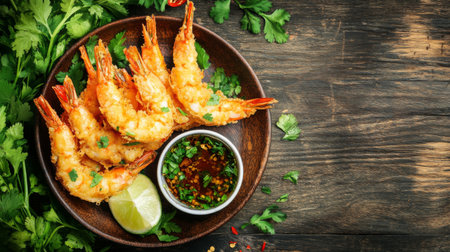 A rustic wooden table set with a plate of crispy tempura shrimp, surrounded by fresh herbs and a dipping sauce, creating a cozy and inviting atmosphere.の素材