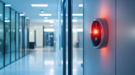A modern fire alarm system displayed in an office building, with emergency lights and warning signals on the wall.の素材