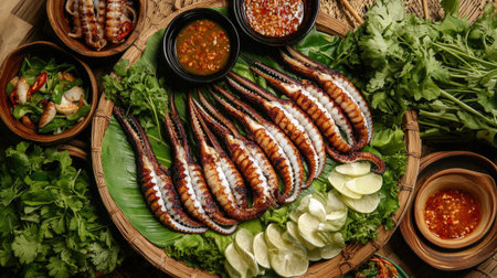 An appetizing display of a squid barbecue feast, featuring grilled squid alongside fresh salads and dipping sauces, emphasizing the freshness and variety of the mealの素材