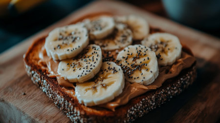 This image features a delicious toast topped with fresh banana slices and chia seeds, perfect for a healthy breakfast or snack. Enjoy the natural flavors!の素材