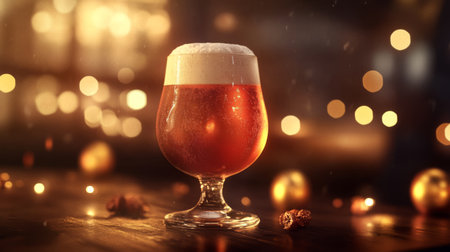 A beautiful glass of sparkling amber craft beer with a rich foam topping sits on a wooden table, surrounded by a soft bokeh background, creating a warm atmosphere perfect for celebrations.の素材