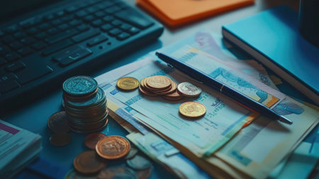 A creative composition of coins and banknotes arranged artistically on a table, reflecting the diverse aspects of finance and currency in a visually appealing mannerの素材