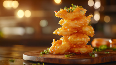 Delight in this visually stunning image of stacked crispy shrimp garnished with fresh green herbs, perfect for any food lover or culinary enthusiast.の素材