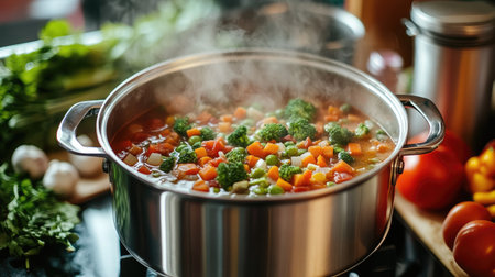 A large soup pot filled to the brim with hearty vegetable stew, steam wafting up, set on a cozy kitchen counter surrounded by fresh ingredientsの素材