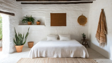 A clean and bright white bedroom with decorative wall art and potted plants, adding a touch of personality to the serene environmentの素材