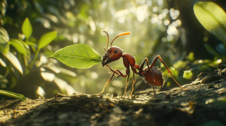 A close-up of a worker ant carrying a small leaf, showcasing its strength and determination as it navigates through a vibrant green gardenの素材