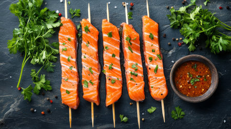 Vibrant salmon skewers garnished with fresh herbs and served with a spicy sauce, perfect for grilling or a gourmet meal. Ideal for food photography.の素材