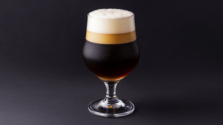Captivating image of a dark beer in an elegant glass, featuring rich foam on top. The contrast against a black background enhances the drink's allure and craftsmanship.の素材