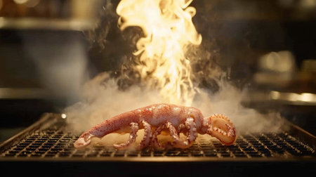 A dynamic shot of squid being flipped on the grill, with smoke rising and flames flickering, capturing the excitement and energy of cooking seafood outdoorsの素材