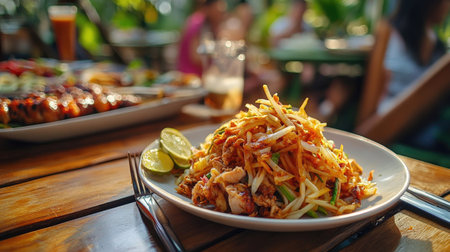 A cozy image of som tam served on a wooden table with a side of grilled meats, showcasing a delightful Thai meal perfect for sharing with family and friendsの素材