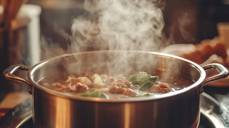 A steaming pot of shabu cooking at the table, with broth swirling and ingredients simmering, highlighting the communal dining experience and cozy atmosphereの素材