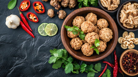 A rustic wooden bowl filled with golden-brown fried meatballs, surrounded by sliced chili and fresh herbs, emphasizing the rich flavors of this beloved snackの素材
