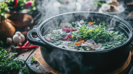 A steaming bowl of shabu broth on a wooden table, with fresh herbs and spices ready to be added, creating a tantalizing and aromatic experience for dinersの素材