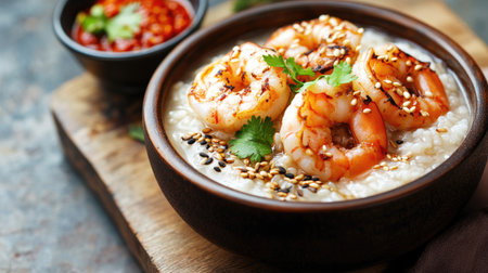 A rustic wooden surface with a bowl of shrimp rice porridge, garnished with sesame seeds and served with a side of chili paste, showcasing delicious flavorsの素材