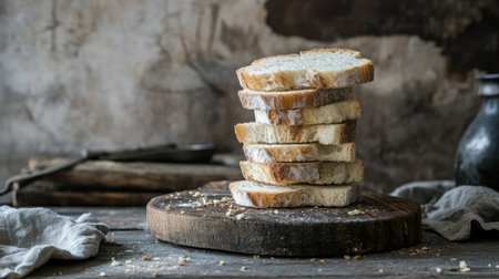 A stack of fluffy white bread slices on a cutting board with crumbs scattered, placed on a rustic wooden tableの素材