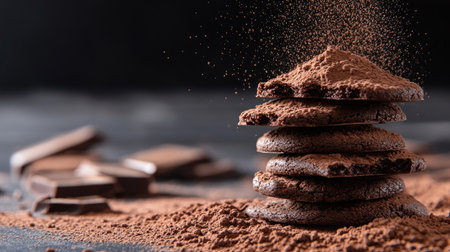 A rustic stack of double chocolate cookies with visible cocoa powder dusting, set against a dark backgroundの素材