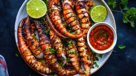 A vibrant overhead shot of grilled squid arranged on a plate with a colorful array of sauces, garnished with lime wedges, inviting viewers to enjoy a delicious mealの素材