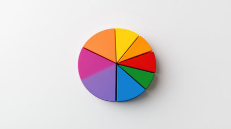 Circular pie chart in vibrant colors on a clean, white background, with individual segments highlighted to show data distributionの素材