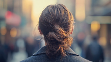 A trendy long hairstyle tied back into a man bun, emphasizing the contrast between casual and sophisticated, set against a blurred urban backdropの素材