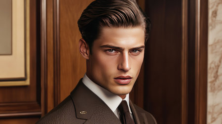 A stylish side part hairstyle, featuring sharp lines and a classic finish, set against a contemporary office backdrop, ideal for professional settingsの素材