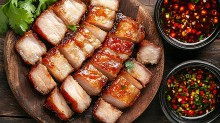 Savor the rich flavors of grilled pork belly slices, beautifully arranged on a wooden platter, served alongside spicy dipping sauce for an irresistible treat.の素材