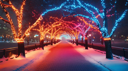A stunning winter scene featuring vibrant lights adorning trees along a snowy pathway. The colorful illumination creates a magical atmosphere perfect for evening strolls.の素材