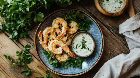 A beautifully arranged plate featuring crispy shrimp served with a creamy herbal sauce. Fresh greens and rustic elements enhance the dining experience.の素材