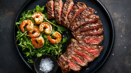 A tempting platter featuring grilled steak slices and juicy shrimp garnished with fresh greens, ideal for a delicious dinner or special occasion.の素材