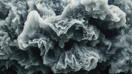 Layers of gray smoke overlapping and merging against a dark background, creating a thick, dramatic effectの素材