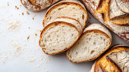 Close-up of freshly sliced white bread with a delicate, soft texture and light brown crust, set on a clean white surfaceの素材