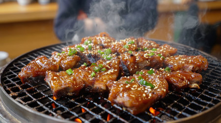 Close-up of succulent pork ribs on a grill, sizzling and caramelizing, with smoke rising and a vibrant barbecue sauce dripping down the sidesの素材