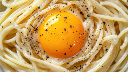 Close-up of spaghetti carbonara with creamy sauce and egg yolk, served on a round plate, garnished with black pepper and crispy pancettaの素材